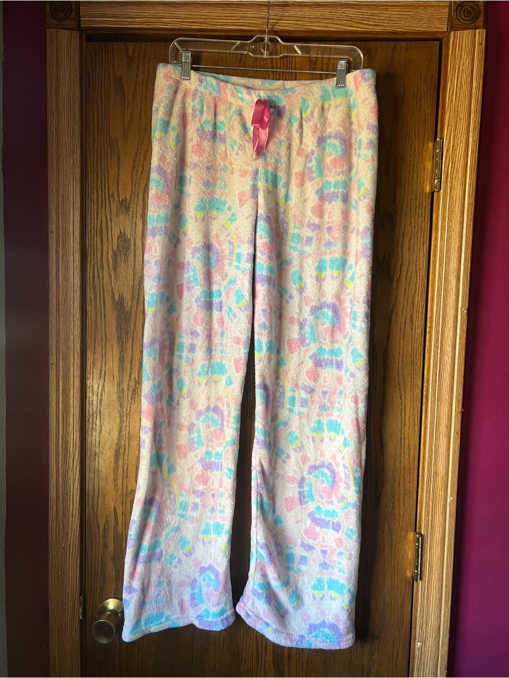 Pastel Tie-Dye Lounge Pants with Pink Ribbon Large